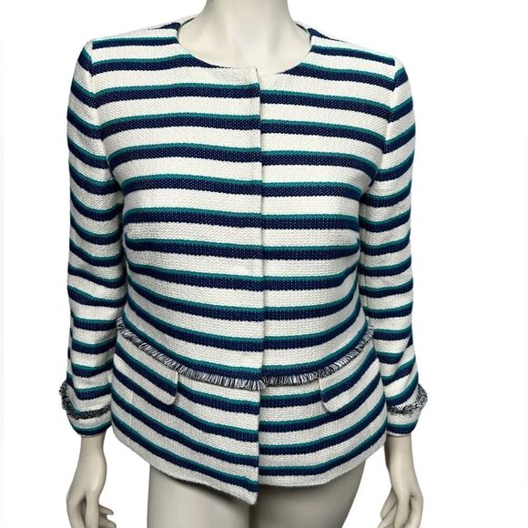 Talbots White Jacket Blue Stripes Fringe Light Coat Peplum  Blazer Snap Buttons - Picture 1 of 9
